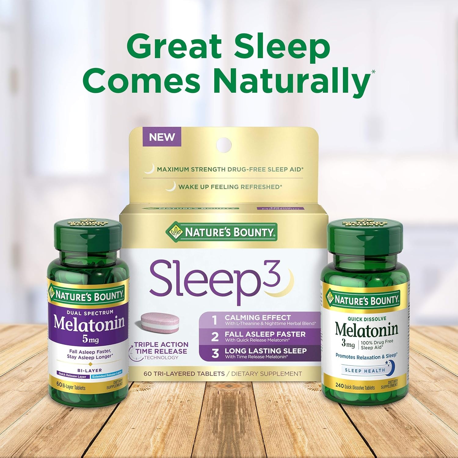 Nature'S Bounty Melatonin 100% Drug Free Sleep Aid, Dietary Supplement, Promotes Relaxation and Sleep Health, 5 Mg, 90 Count, Pack of 3