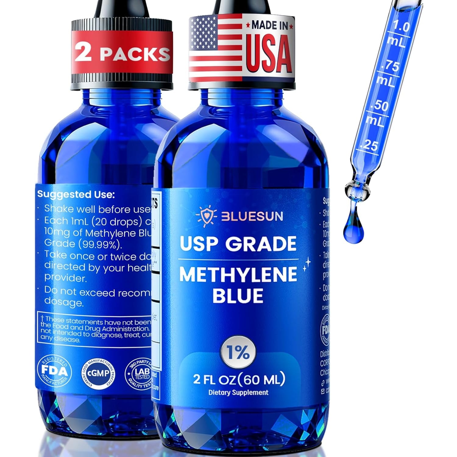 Bluesun Methylene Blue Drops 1% Pharmaceutical Grade - USA Made, Formaldehyde-Free, 3Rd-Party Tested, USP Purity, Gmo-Free, Alcohol-Free, COA Included - 2 FL Oz(60Ml) Cobalt Blue Glass 10Mg/Ml, 2 Pack