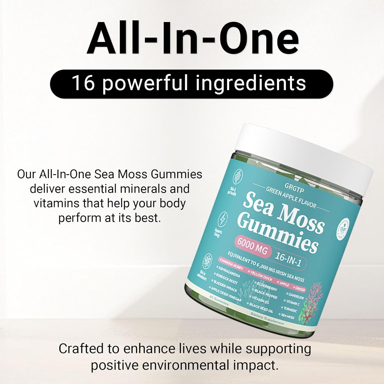 Sea Moss Gummies 16-In-1 - Ashwagandha Black Seed Oil Bladder Wrack Turmeric Vitamin C & D3 with Manuka Burdock Root Dandelion Yellow Dock Natural Detox & Liver Health Immune Support, Energy Boost