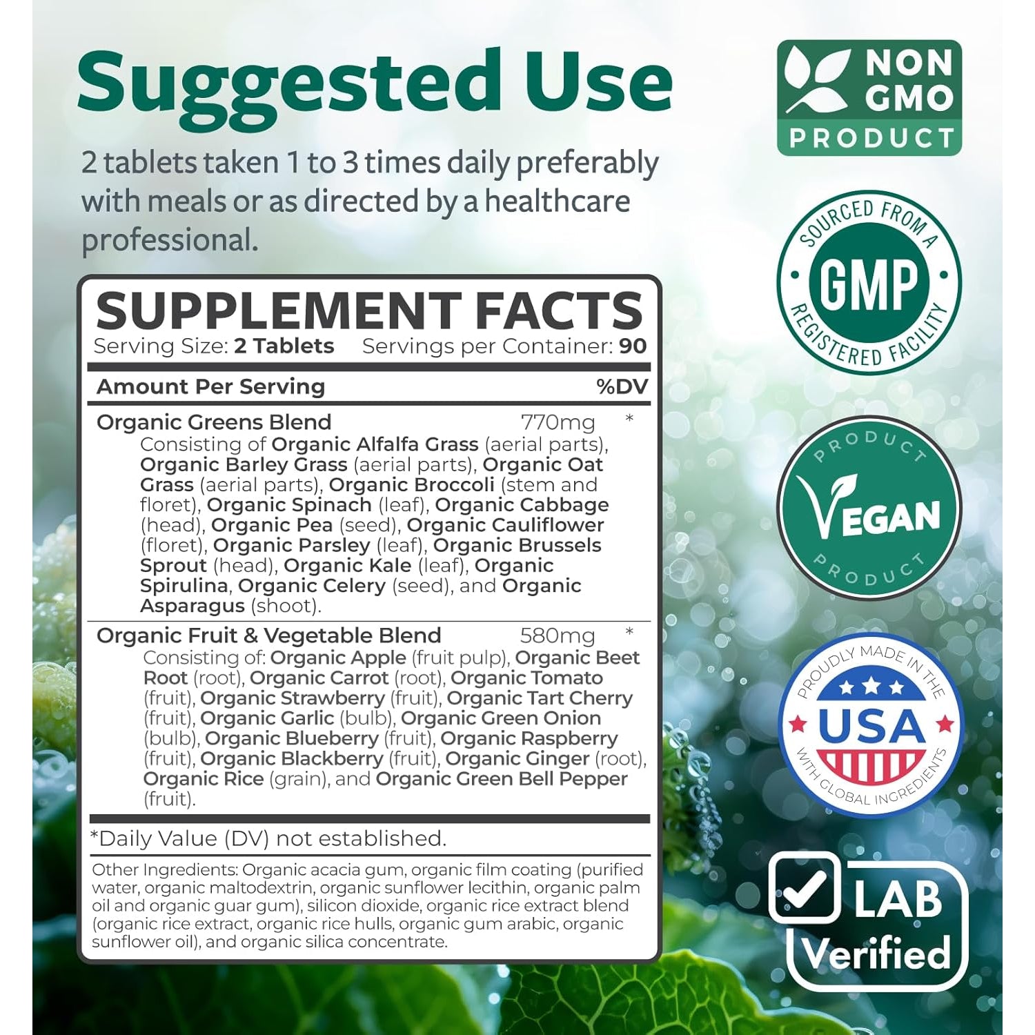 USDA Organic Super Greens Supplement - Organic Greens Fruits and Vegetable Supplement for Adults with 28 Superfood Complex with Superfruits Roots Herbs & More - Vegan & Non-Gmo (Up to 3 Month Supply)