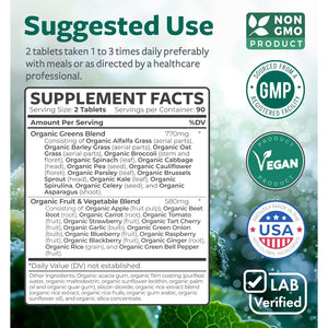 USDA Organic Super Greens Supplement - Organic Greens Fruits and Vegetable Supplement for Adults with 28 Superfood Complex with Superfruits Roots Herbs & More - Vegan & Non-Gmo (Up to 3 Month Supply)