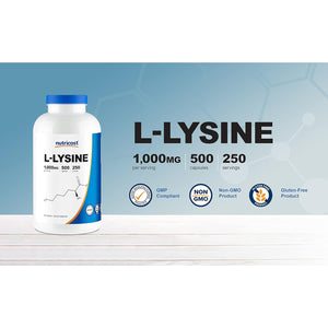 Nutricost L-Lysine 1000Mg per Serving, 250 Servings, 500 Capsules - Gluten Free, Non-Gmo, 500Mg per Capsule