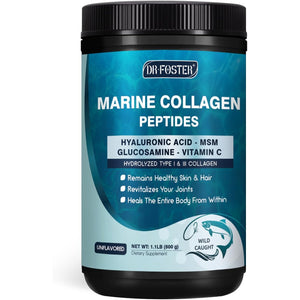 DRFOSTER Marine Collagen Peptides Powder with MSM + GC, Multi Type I & III Collagen with Hyaluronic Acid, Vitamin C & E for Skin, Hair & Nails, Wild-Caught Fish, 50 Servings