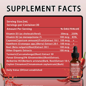 Velestoff Cayenne Pepper & Cayenne Pepper Drops Liquid Supplement with Hawthorn, Beet Root, Turmeric, Vitamin K2 D3