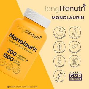Longlifenutri Monolaurin 1500Mg - Potent Glycerol from Coconut, 200 Vegetarian Capsules, Organic Supplement for Gut Balance & Natural Defense, 100-Day Supply, GMP Certified, Made in USA
