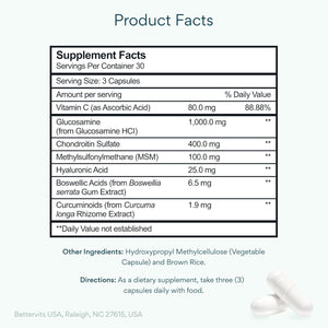 Bettervits Glucosamine Complex with MSM Сhondroitin | Joint Supplements for Women and Men with Vitamin C | Arthritis Support Supplement for Mobility & Flexibility - 90 Capsules