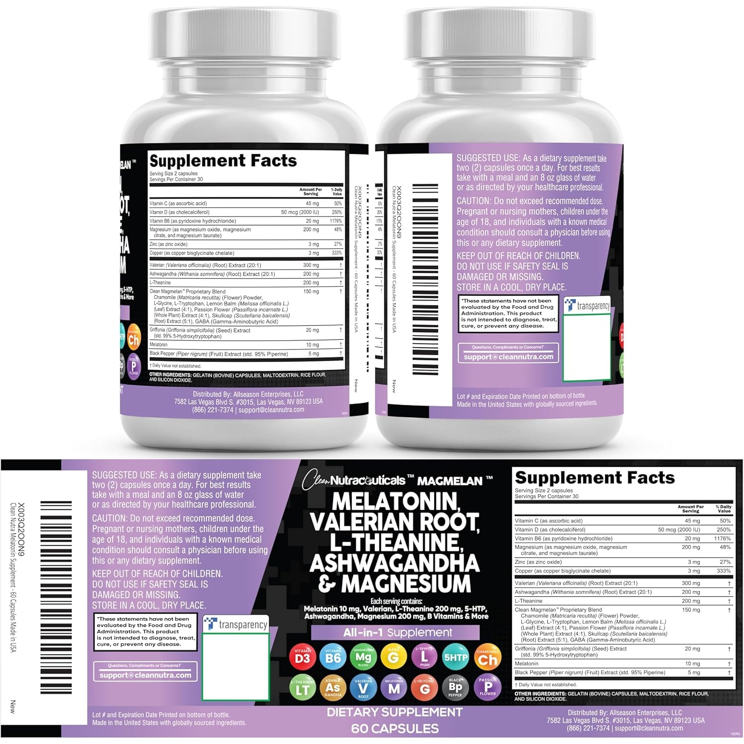 Clean Nutraceuticals Melatonin 10Mg Valerian Root L Theanine 200Mg Ashwagandha - Sleep Support for Women & Men with Magnesium Complex, Lemon Balm, Chamomile, & Passion Flower - 60 Caps