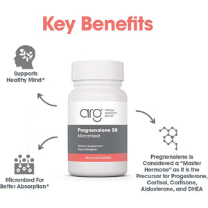 Allergy Research Group ARG Pregnenolone 50 Mg - Micronized Hormone Precursor Support - Highly Bioavailable - Hypoallergenic - 60 Servings - 60 Scored Tablets