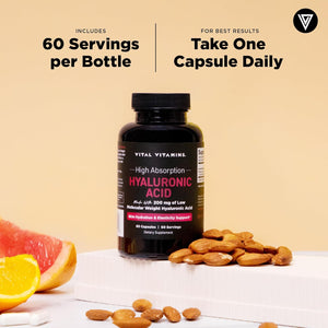 Vital Vitamins Hyaluronic Acid Supplements - Made with 200Mg of Low Molecular Weight Hyaluronic Acid - Supports Skin Hydration & Elasticity from within - 60 Capsules, 60 Servings