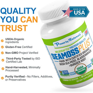 Power by Naturals Sea Moss plus – USDA Organic Irish Sea Moss Capsules with Bladderwrack & Burdock Root – Immune Support for Adults – Vegan, Non-Gmo, Gluten-Free – 60 Capsules (1-Month Supply)