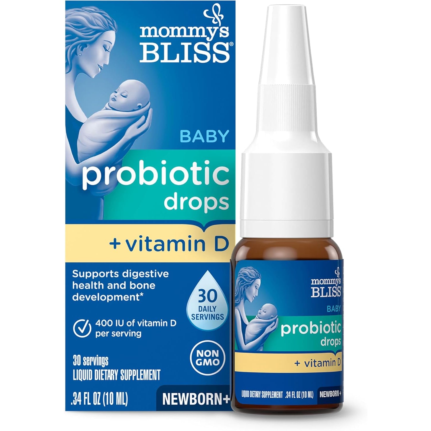 Mommy'S Bliss Baby Probiotics + Vitamin D Drops, Supports Digestive Health & Immune Function*, 400IU Vitamin D , Supports Bone Development*, Newborns+, Flavorless, 0.34 Fl Oz (30 Servings)