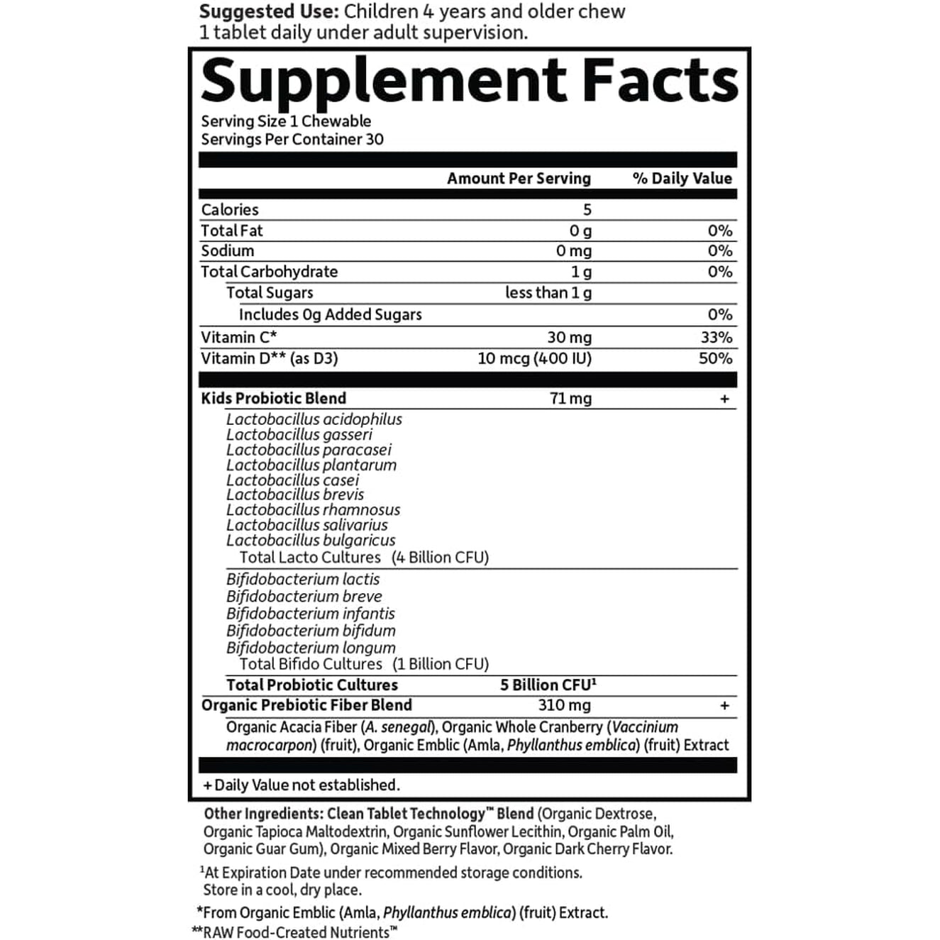 Garden of Life Dr. Formulated Probiotics Organic Kids+ plus Vitamin C & D - Berry Cherry - Gluten, Dairy & Soy Free Immune & Digestive Health Supplement, No Added Sugar, 30 Chewables (Shelf Stable)