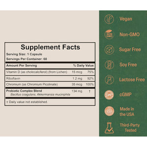 Akkermansia Probiotic for Appetite Suppressant & Craving Control | Increases GLP-1 for Weight Loss | 60 Day Supply | Made in USA | Bacillus Coagulans, B2, D3 & Chromium | SIBO Friendly, Vegan