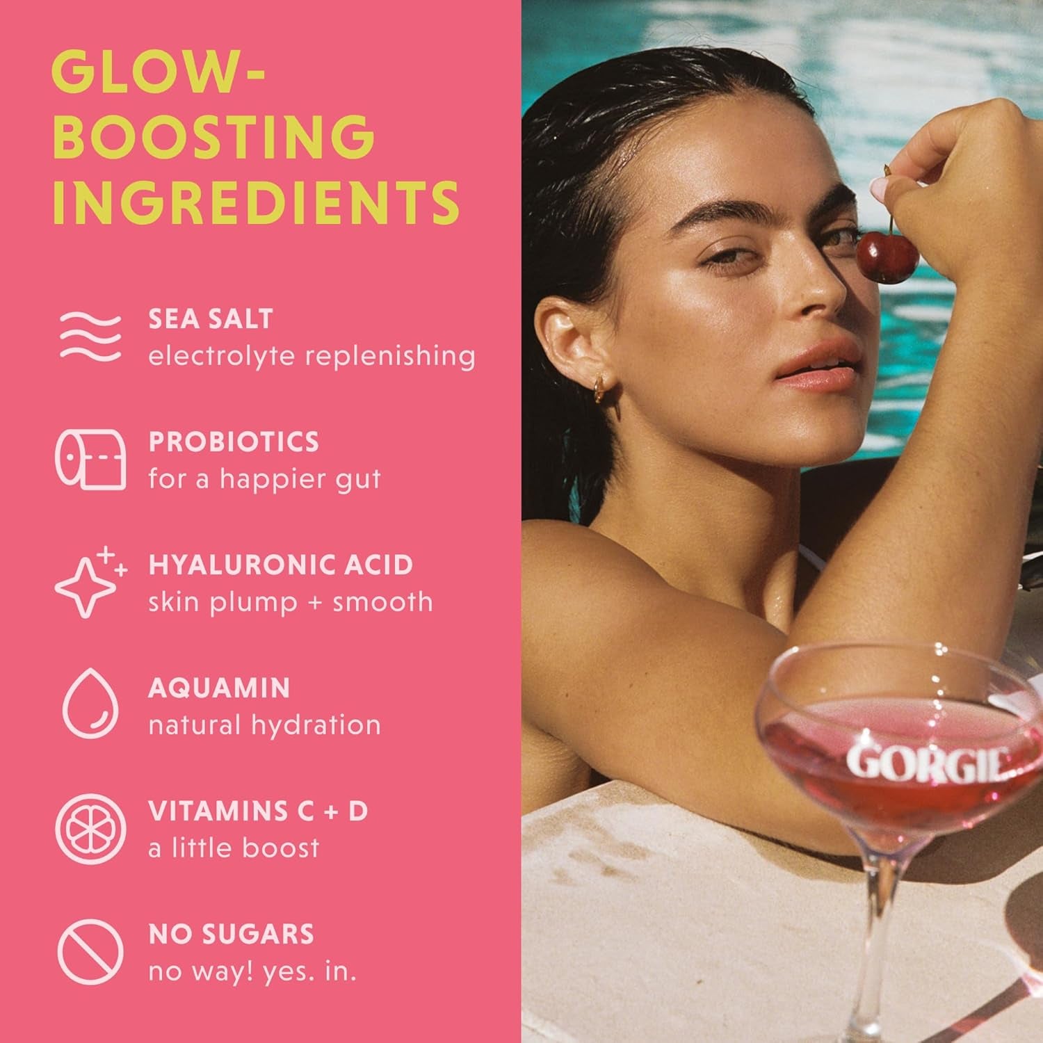 GORGIE Glow Hydration Packets, Sugar-Free Electrolyte Powder Sticks, Hyaluronic Acid, Probiotics, Aquamin, Vitamins C, D Daily Hydration, Skin and Gut Support, Caffeine Free - Variety Pack 15 Sticks