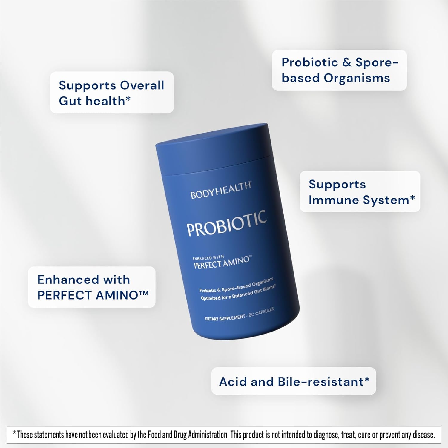 Bodyhealth Probiotic Enhanced with Perfectamino for Women and Men, Spore Based with Bifidobacterium, Lactobacillus Salivarius, Lactobacillus Acidophilus - 60 Capsules