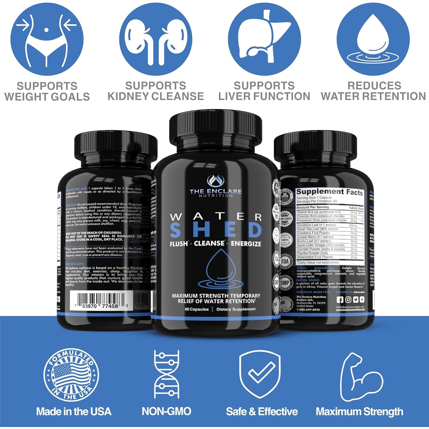 Water Pills Diuretic Water Retention - Liver Detox, Kidney Cleanse, Weight, Swelling Legs & Feet, Edema, Bloating Relief, Fluid Balance - Dandelion Vitamin B6 Green Tea Watershed Max Strength 60Ct (1)