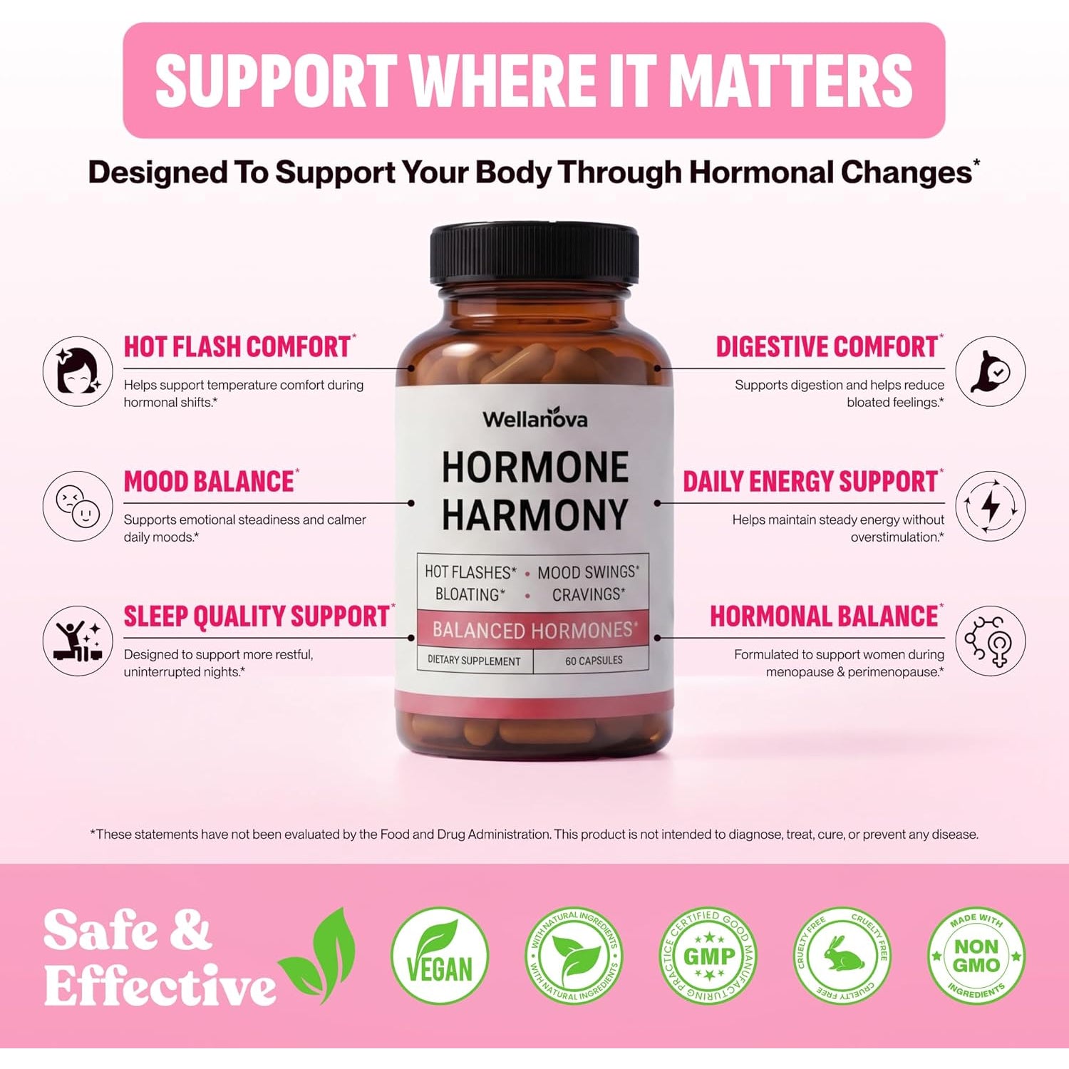 Hormone Harmony for Women – Natural Hormonal Balance Support for Menopause & Perimenopause – Hot Flashes, Mood Swings, Cravings, Bloating Relief – 60 Capsules