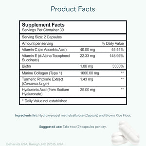 Bettervits Collagen Peptides Complex with Hyaluronic Acid & Turmeric | Hydrolyzed Marine Collagen Supplements for Women & Men | Collagen with Vitamin C for Skin, Hair, Nails & Joints – 60 Capsules