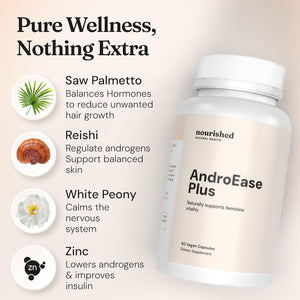 Nourished Androease plus - Vegan Hormone Balance for Women - Zinc, Reishi, Green Tea and Saw Palmetto for Women - for Energy, Vitality, Facial Hair and Daily Wellness - 60 Capsules, Made in USA
