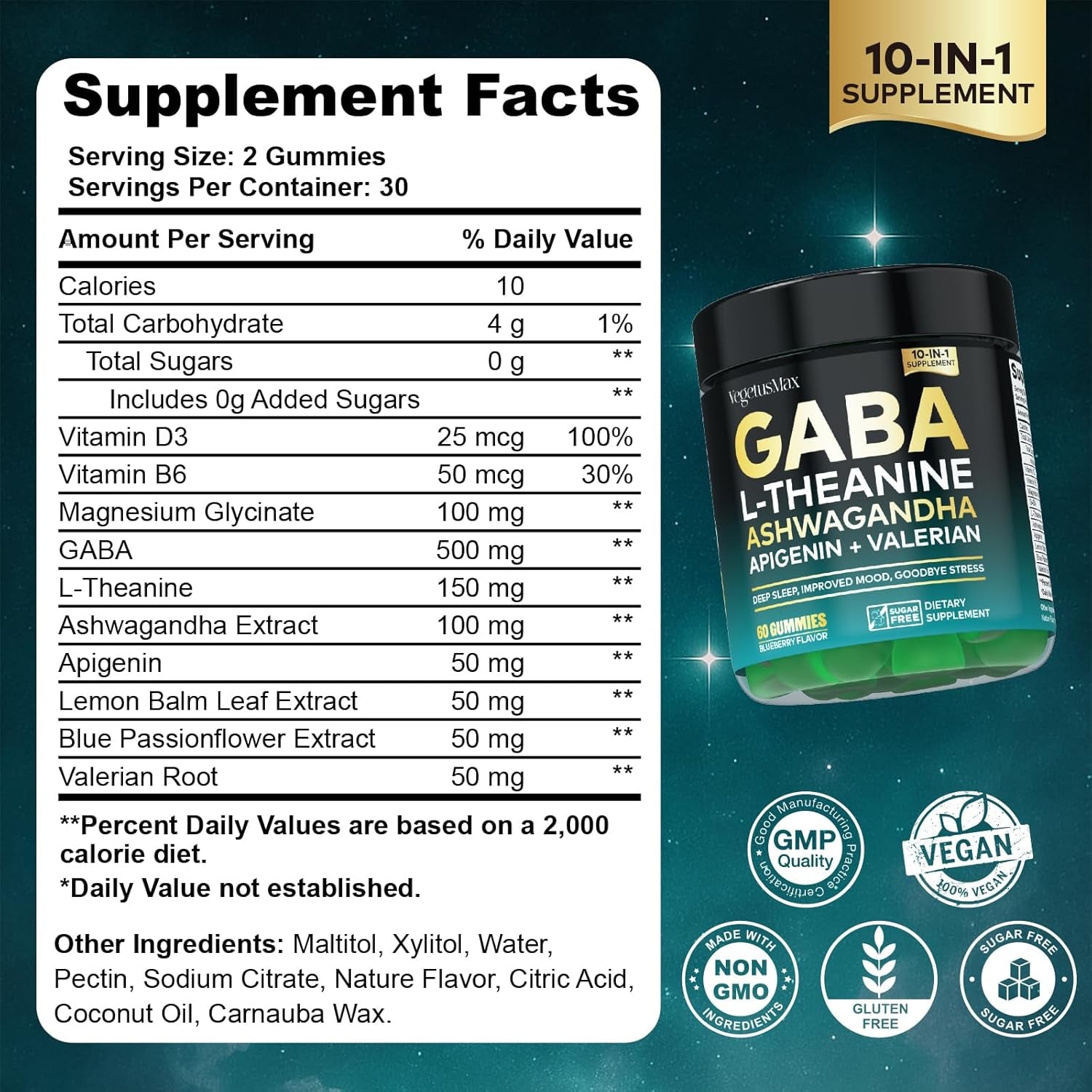 GABA Gummies 500Mg Sugar-Free Calm Gummies with L Theanine, Ashwagandha, Magnesium, Vitamins D3, B6, Melatonin-Free for Calm, Mood, Zzz, GABA Supplement for Adult, Blueberry 60 Count (Pack of 1)