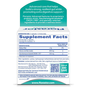 Florastor Advanced Pro+Pre Daily Probiotic and Prebiotic Supplement for Women and Men, Boosts Good Bacteria, Saccharomyces Boulardii CNCM I-745 (30 Capsules) (Pack of 1)