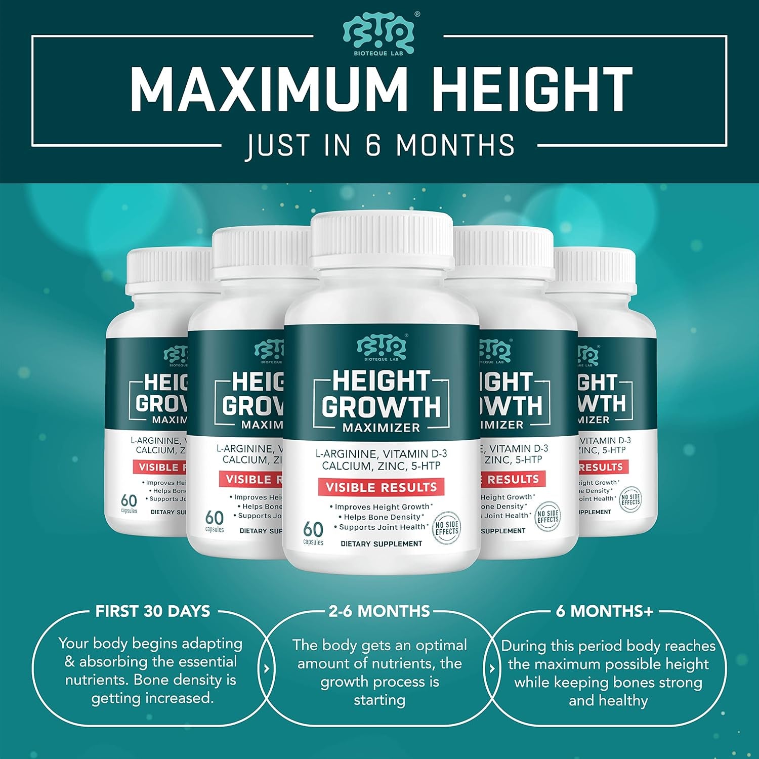 BIOTEQUELAB Height Growth Maximizer, Calcium, Vitamin D3 and Zinc Blend Pills, Bone Growth Supplement for Kids and Teens, Bone Strength, Density Support, Gmo-Free, Gluten-Free, Made in USA, 60 Caps