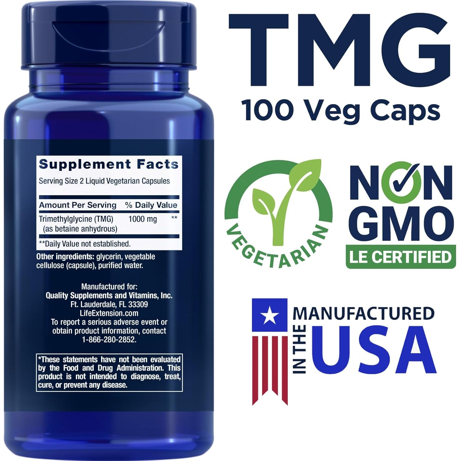 Life Extension TMG 500Mg, 100 Liquid Veg Caps - Trimethylglycine (Glycine Betaine) Supplement - Gluten Free, Non-Gmo, Vegetarian