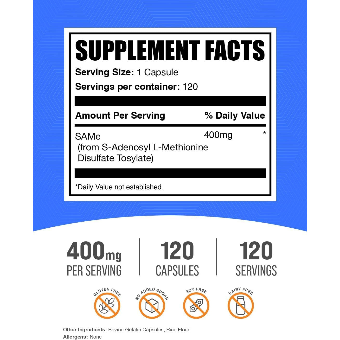 Bulksupplements.Com Same Capsules - S-Adenosyl-L-Methionine, Same Supplement - Gluten Free, 1 Capsule per Serving (400Mg), 120 Capsules (Pack of 1)