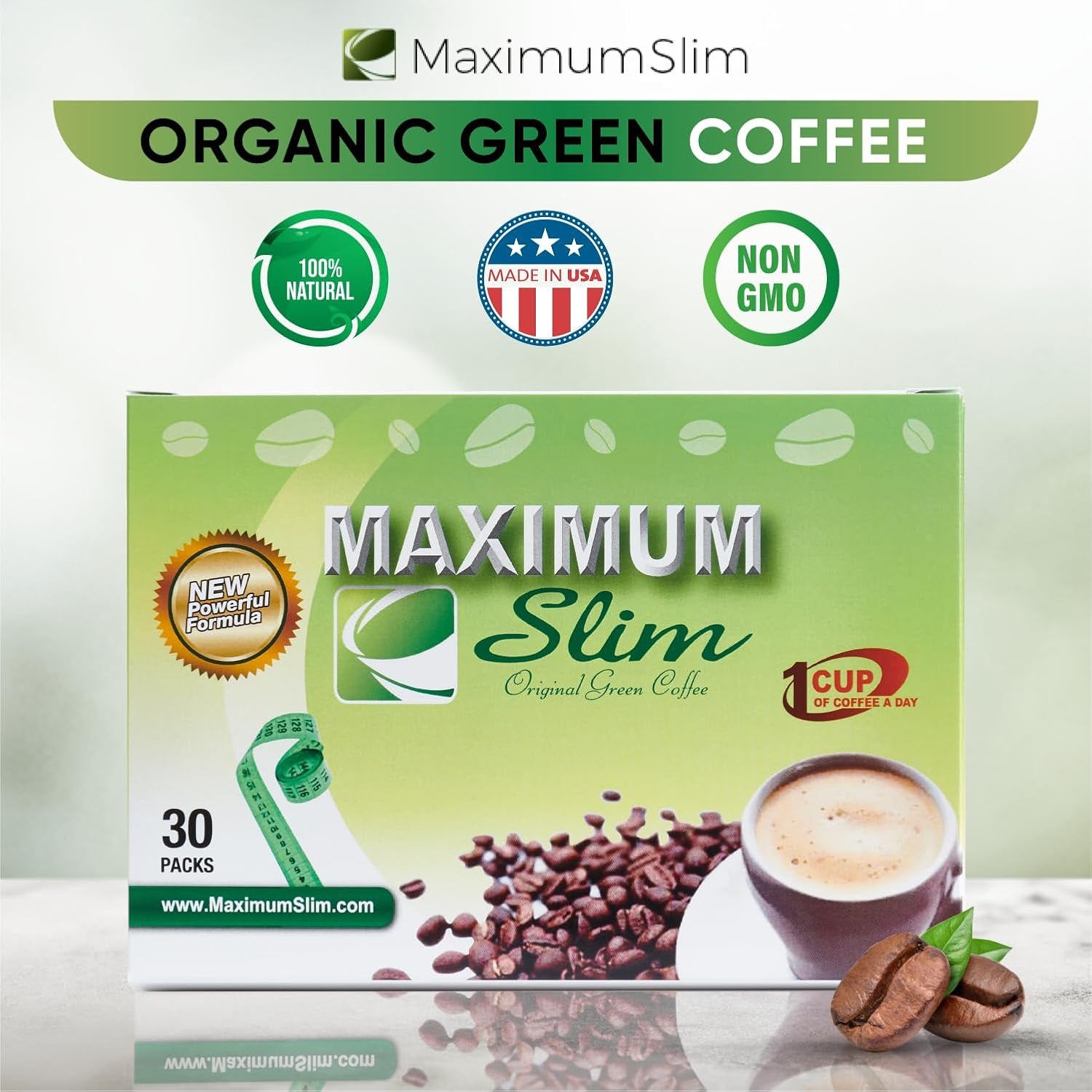 Maximum Slim Original Green Coffee –Premium 4-In-1 Formula with Natural Herbal Extracts for Energy & Vitality. Creamy & Delicious for Maximum Satisfaction. No Messy Side Effects-Made in the USA-30 Ct