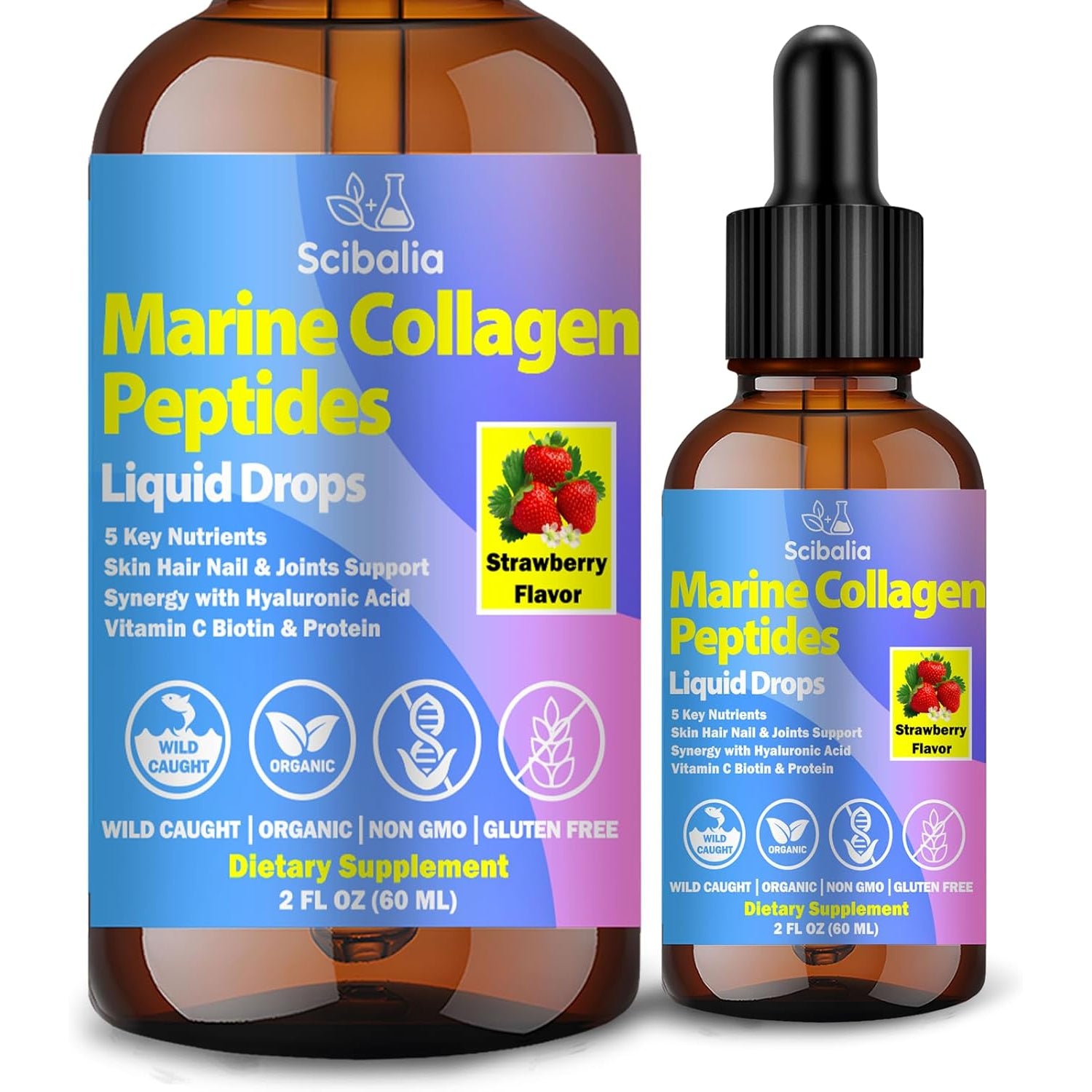 Marine Collagen Peptides Liquid Drops, Hydrolyzed Multi Type I & III Collagen W. Hyaluronic Acid Biotin Vitamin C for Joint, Skin, Hair & Nail, Liquid Marine Collagen High Absorption for Women Men