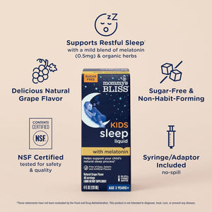 Mommy'S Bliss Kids Sleep Liquid with Melatonin & Calming Herbs | Melatonin for Children 3 Years & up | Grape Flavor | Sugar Free | 4 Fl Oz (60 Servings)