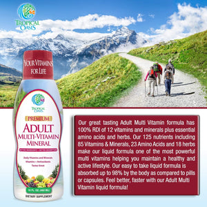 Tropical Oasis Adult Liquid Multivitamin -Liquid Multi-Vitamin and Mineral Supplement with 125 Total Nutrients Including; 85 Vitamins & Minerals, 23 Amino Acids, and 18 Herbs - 16 Fl Oz, 32 Serv