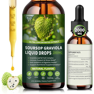 Soursop Graviola Liquid Drops 2000Mg, Organic Soursop Extract - 98% Absorption Soursop Bitters Liquid for Cell Support & Regeneration and Immune Boost, Sugar/Gluten Free, Natural Flavor, 2 Fl Oz