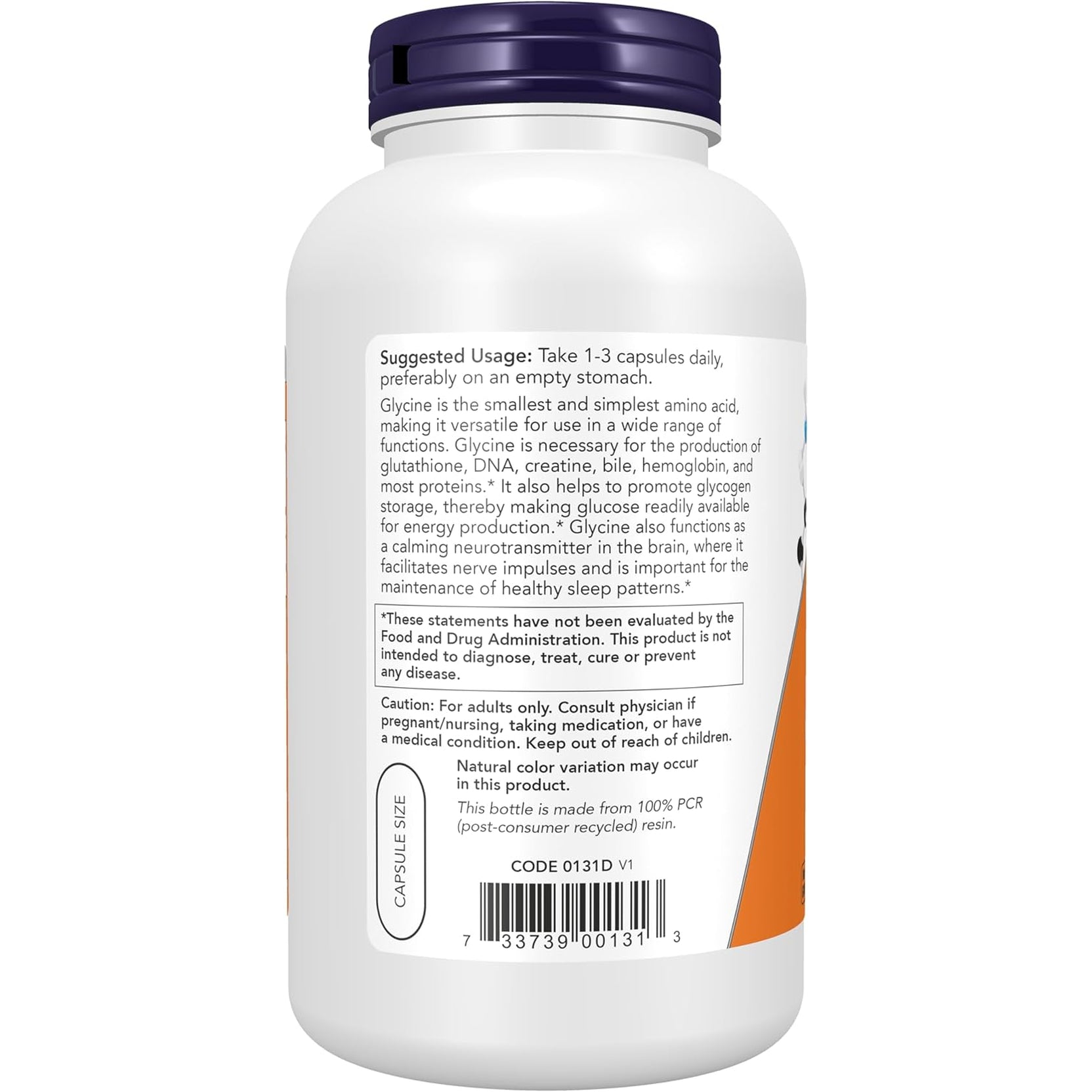 Now Supplements, Glycine 1,000 Mg Free-Form, Neurotransmitter Support*, 250 Veg Capsules