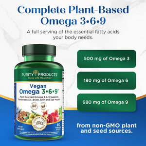 Purity Products Omega 3-6-9 Vegan and Vegetarian Formula - “5 in 1” Essential Fatty Acid Complex - Scientifically Formulated Plant-Based Omega 3 6 9 Essential Fatty Acids (EFA) - from (60)