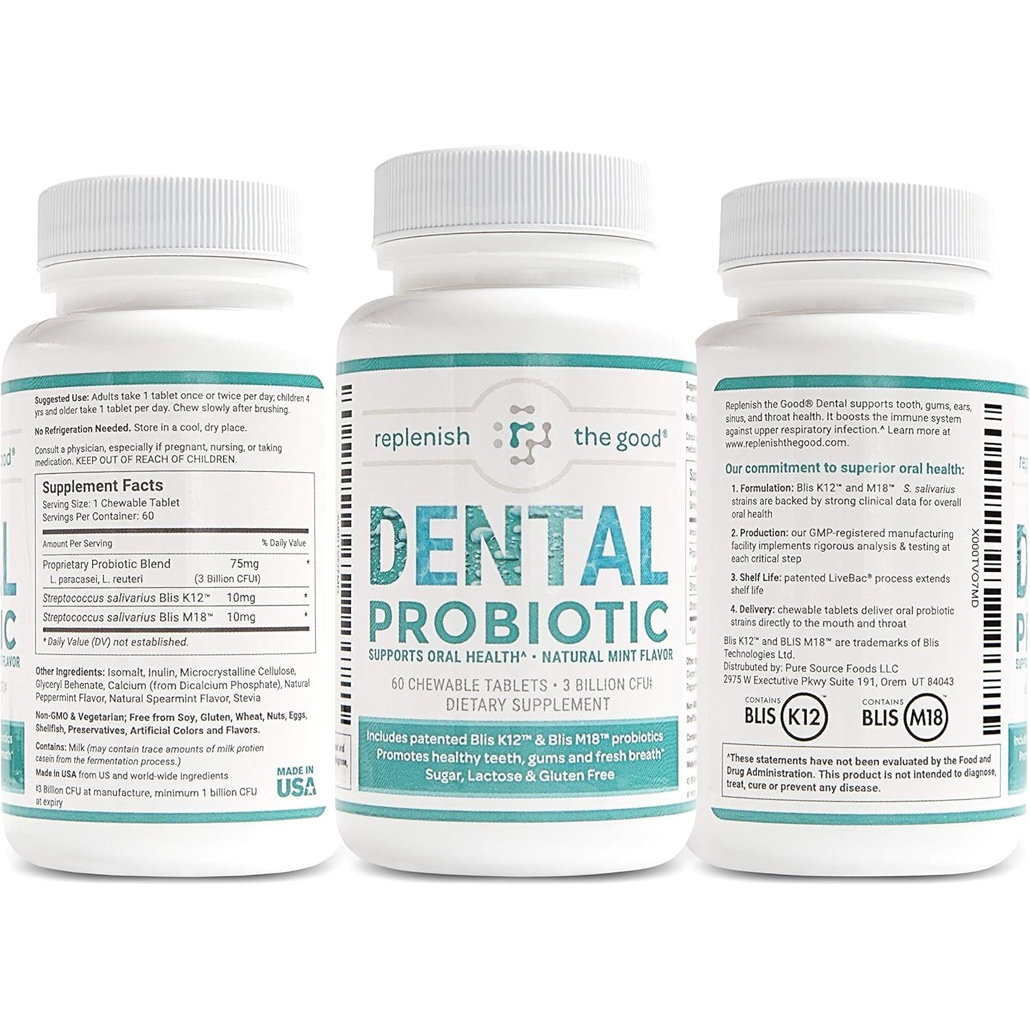 Dental Oral Probiotic, 60 Chewable Tablets - Supplements W/Blis K12 & M18 - Bad Breath Treatment for Adults - Boosts Oral Health - Fights Halitosis, Tooth Decay, Strep Throat (Mint Flavor)
