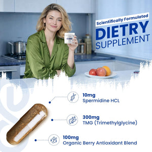 Spermidine Supplements for Men and Women–10 Mg Spermidine Hcl Complex with TMG & Organic Berry Antioxidants–Cellular Health Support–60 Capsules (60-Day Supply) for Healthy Aging & Longevity