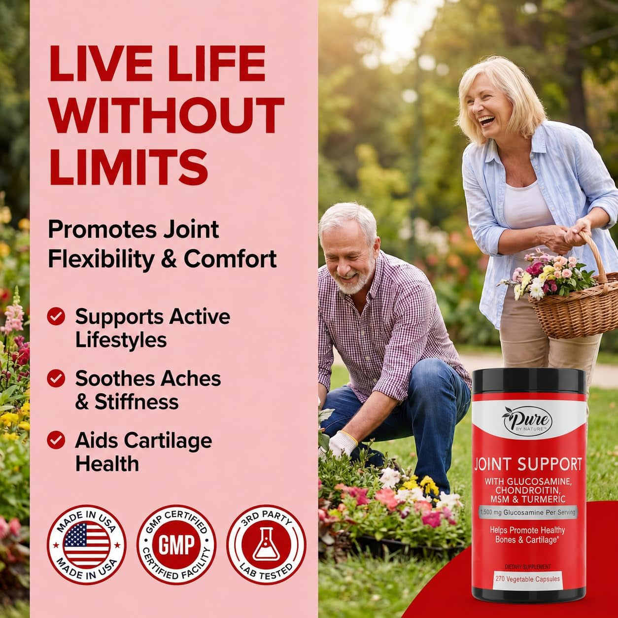 Pure by Nature Glucosamine Chondroitin MSM Turmeric Boswellia (90 Day Supply) - Joint Support Supplement for Women & Men, Nutritional Support for Joint Strength, Gluten Free, Non GMO - 270 Capsules