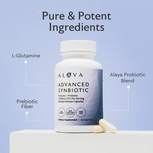 Alaya Naturals Advanced Synbiotic - Probiotic + Prebiotic - 14 Billion CFU Delayed Release Probiotic Supplement with Prebiotics from Sunfiber®, and L-Glutamine for Gut Lining Integrity - 60 Capsules