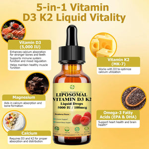 Liquid Vitamin D3 K2 Drops with Calcium Magnesium Omega3, High Potency 5-In-1 D3 K2 Vitamin 5000 IU Supplement for Bone Health, Heart Teeth & Immue, Ultra High Absorption Liposomal D3K2 Plant-Based