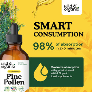 Wild & Organic Pine Pollen Tincture - Pine Pollen for Men & Women - Add to Tea & Drink - Pure Pinus Massoniana Extract Drops - Vegan, Sugar & Alcohol-Free Liquid Supplement - 4 Fl Oz