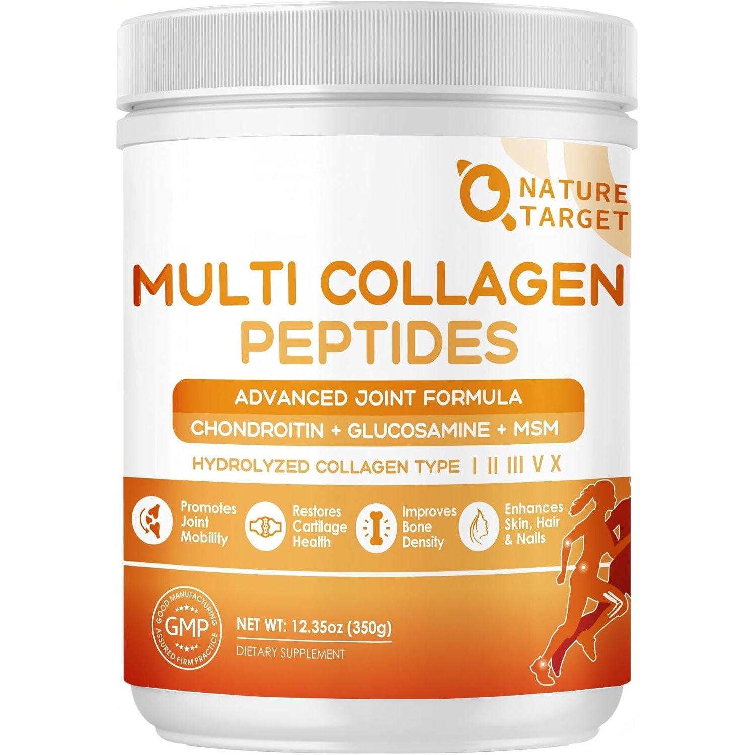NATURE TARGET Multi-Collagen-Peptides-Powder for Joint Support, Hydrolyzed Collagen for Women Men with MSM + GC, Type I II III V X Collagen for Skin Hair & Nail, Non-Gmo, 35 Servings