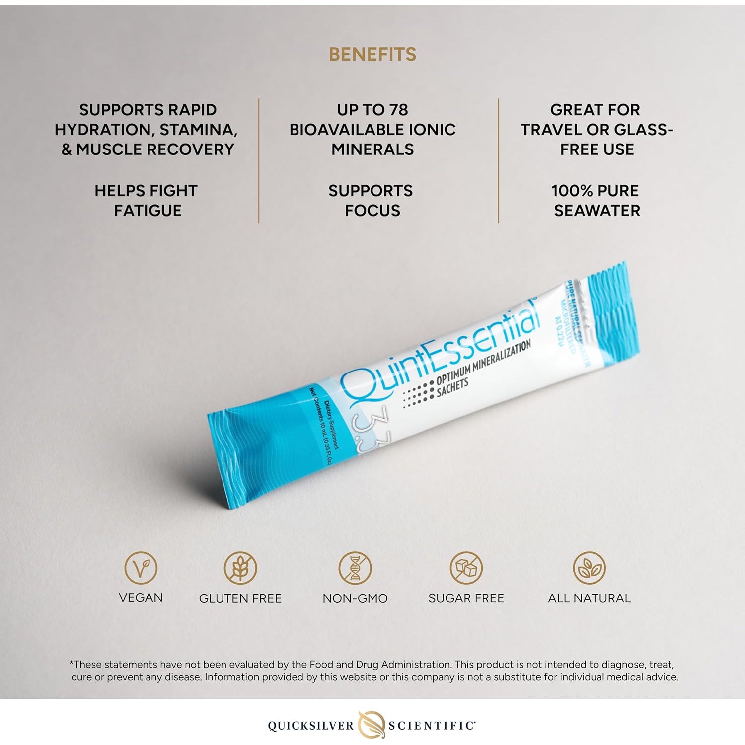 Quicksilver Scientific Quintessential 3.3 Sachets - Hypertonic Solution - Filtered Sea Water Hydration Packets - Liquid Minerals for Muscle Recovery, Stamina + Mineral Replenishment (30 Count)