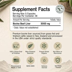 Grass Fed Beef Liver Capsules 3000Mg Desiccated Liver Supplement 100% Pasture Raised & Freeze Dried Natural Iron, Vitamin a & B12 for Energy Non-Gmo, No Fillers 180 Count