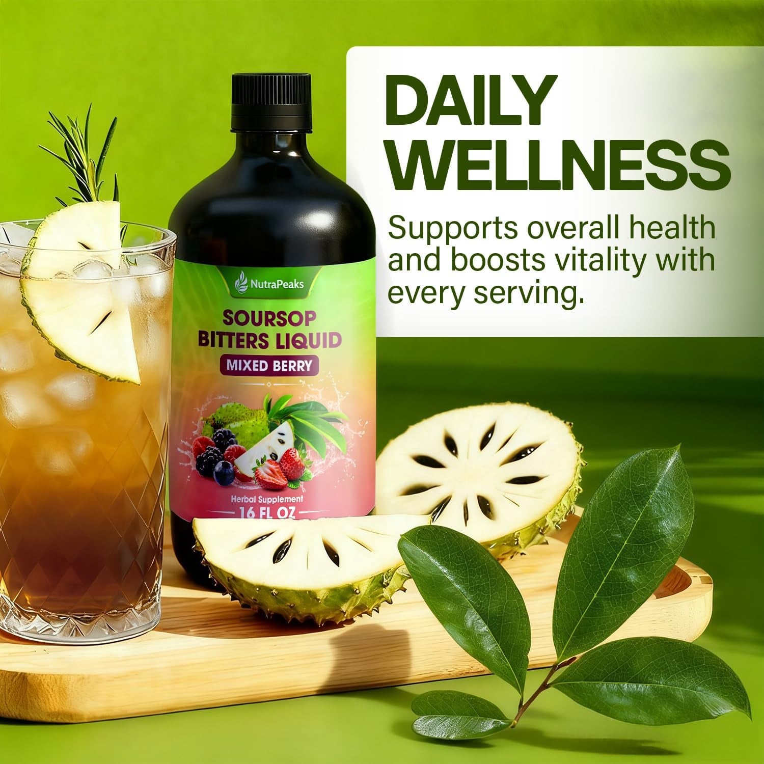 Soursop Bitters Liquid – Herbal Detox Formula with Soursop, Ginger, Turmeric & Black Seed Mixed Berry Flavor – Supports Digestive Balance & Immune Wellness – 16 Fl Oz