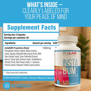 Prolab Organics Instabum Bum Enhancement Pills – Lift, Shape, and Fill Glutes – Fast Growth for Bigger Butt and Hips – No Gummies. Visible Results in 1-2 Weeks