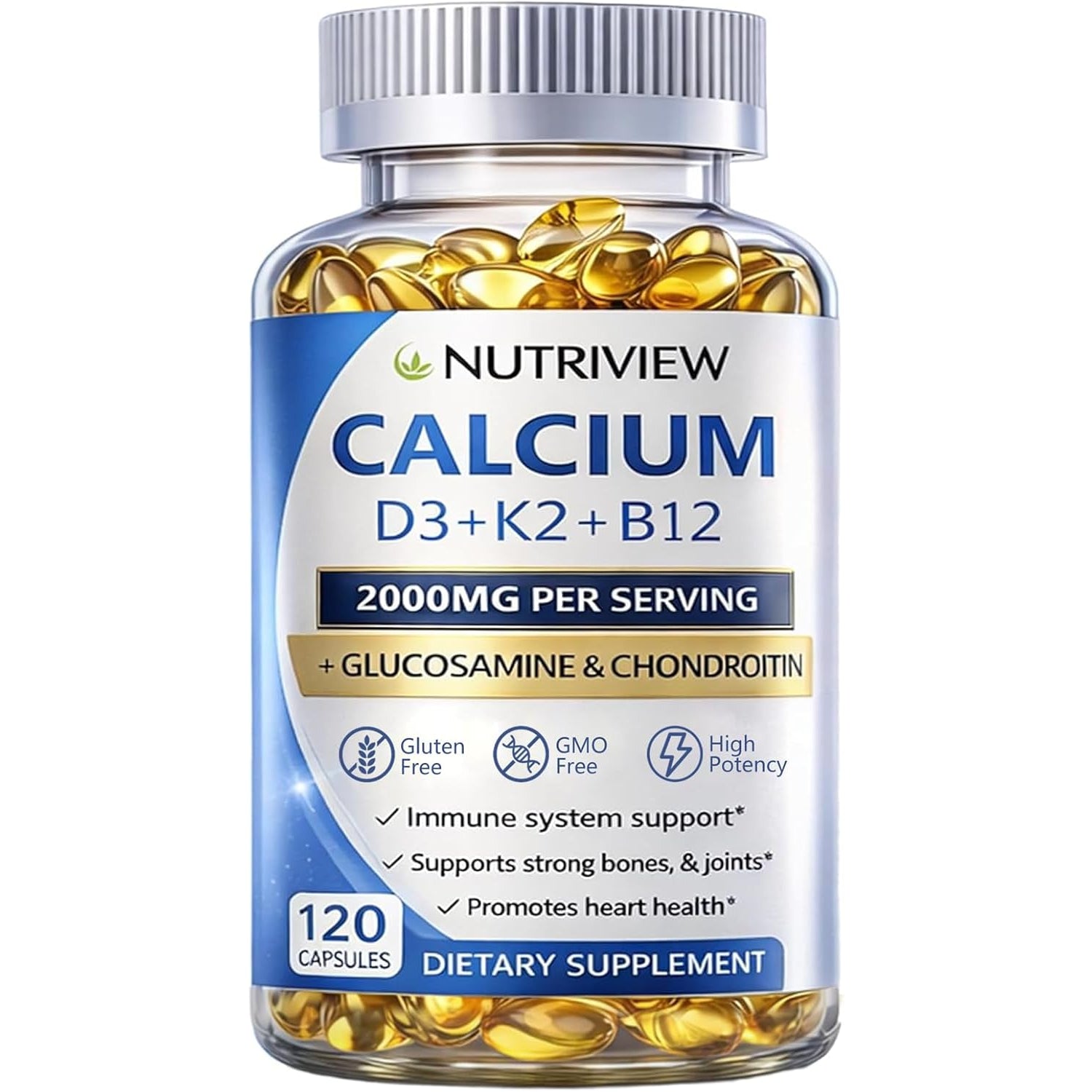 Nutriview Calcium 2000Mg with D3 & K2 - High Absorption Bone Health Supplement for Women, Non-Gmo, 120 Softgels（1Pc）