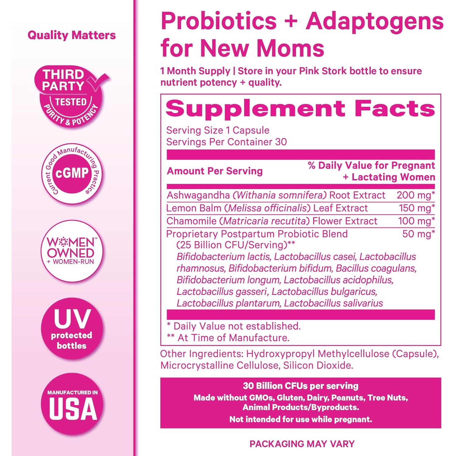 Pink Stork Probiotics for Postnatal Women - 30 Billion CFUS with Ashwagandha and Chamomile, Postpartum Essentials for Hormone Balance, Mood Support, Gut Health, Digestive Wellness, 30 Capsules
