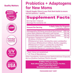 Pink Stork Probiotics for Postnatal Women - 30 Billion CFUS with Ashwagandha and Chamomile, Postpartum Essentials for Hormone Balance, Mood Support, Gut Health, Digestive Wellness, 30 Capsules