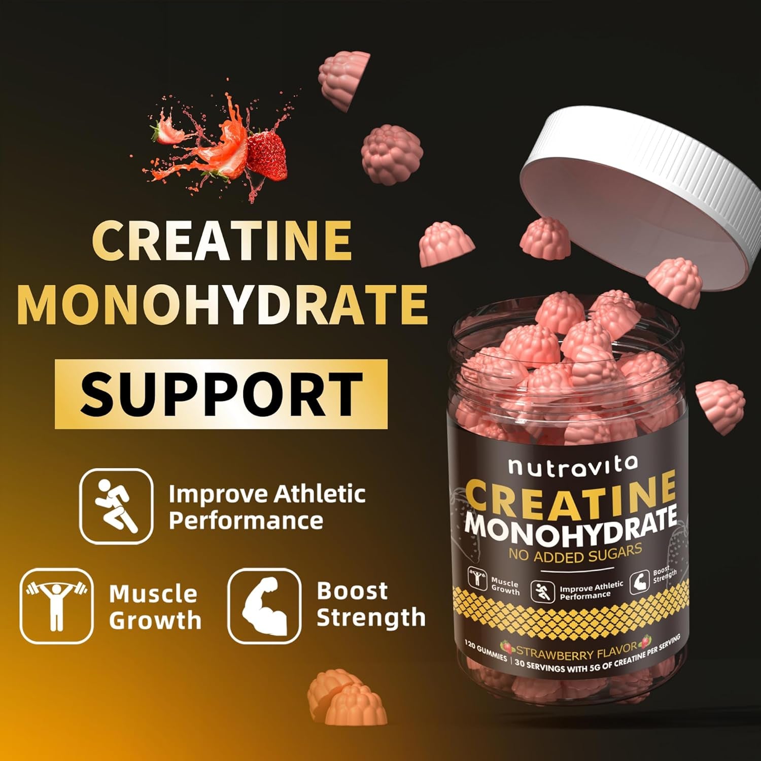 Nutravita NSF Certified Creatine Gummy - Creatine Monohydrate Gummies for Men & Women-5G of Creatine Monohydrate per Serving - Sugar Free,Vegan, Strawberry Flavor, 120 Count